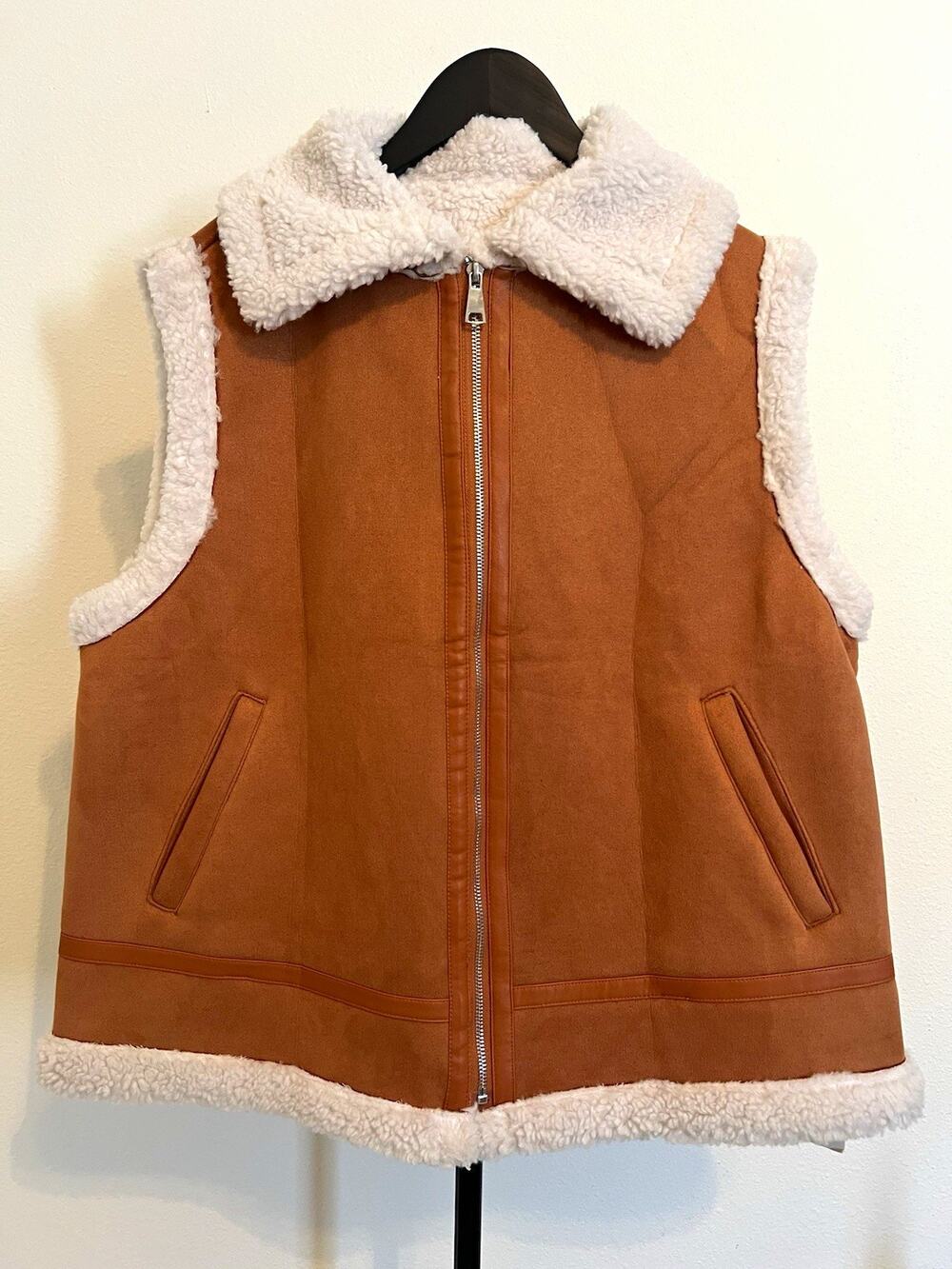 Automet Womens Sz L Brown Faux Suede Sherpa Lined Zip Vest Pockets